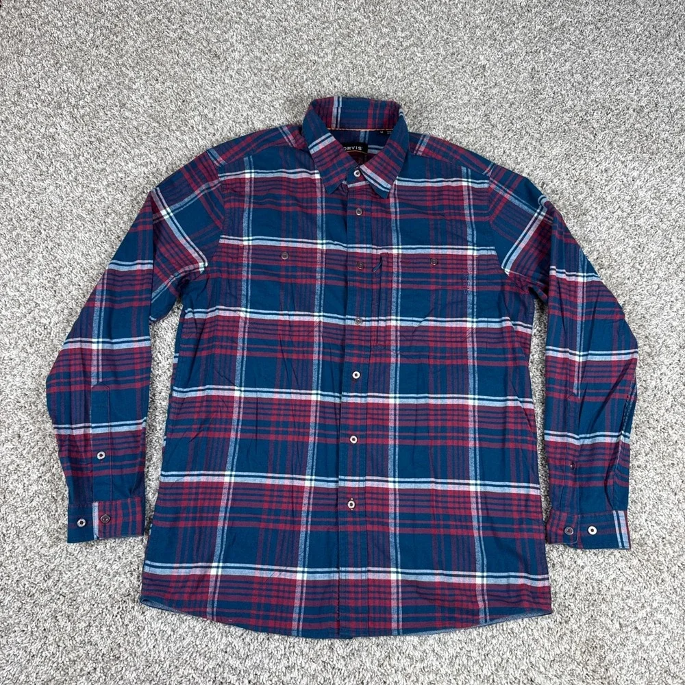Orvis Shirt Mens M Blue Red Plaid Flat Creek Tech Flannel Long Sleeve Button Up - Picture 3 of 14